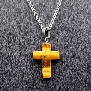 925 Silver Necklace W/ Stone Cross Gold Tiger's Eye Anniversary Birthday Gift